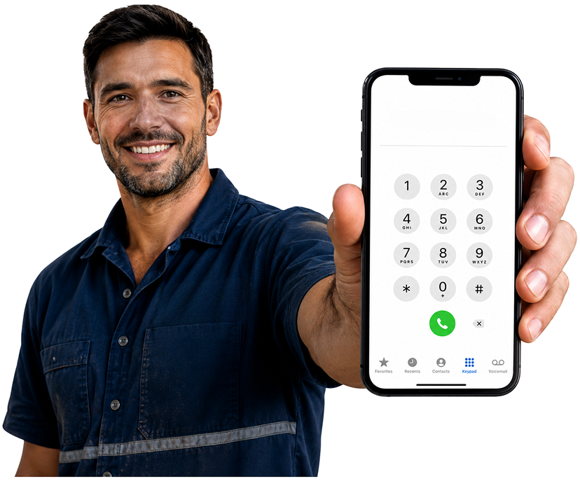 Bankstown Blocked Drains plumber holding a phone — call 1300 261 965