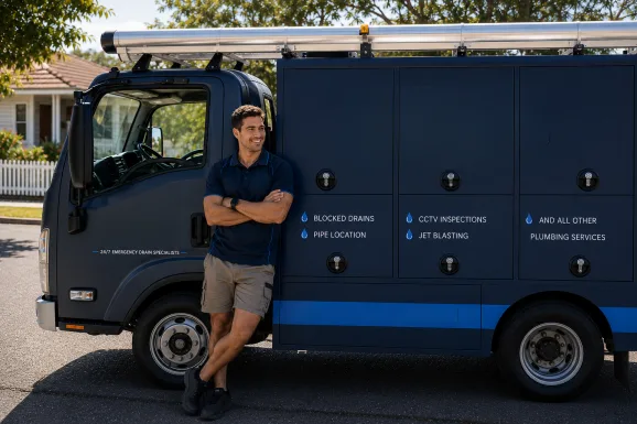 Plumber standing beside a service van in Bankstown