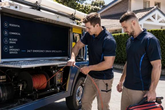 Two plumbers working on a blocked drain in Bankstown
