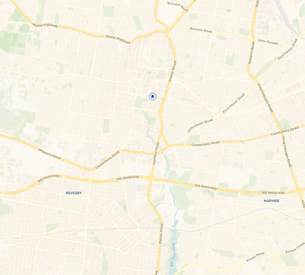 Map of the Bankstown service area and the surrounding South West, showing Bankstown and the nearby streets we cover.