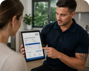Plumber showing a Bankstown customer the quote on a tablet