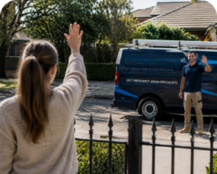 Customer waving goodbye to a Bankstown Blocked Drains plumber